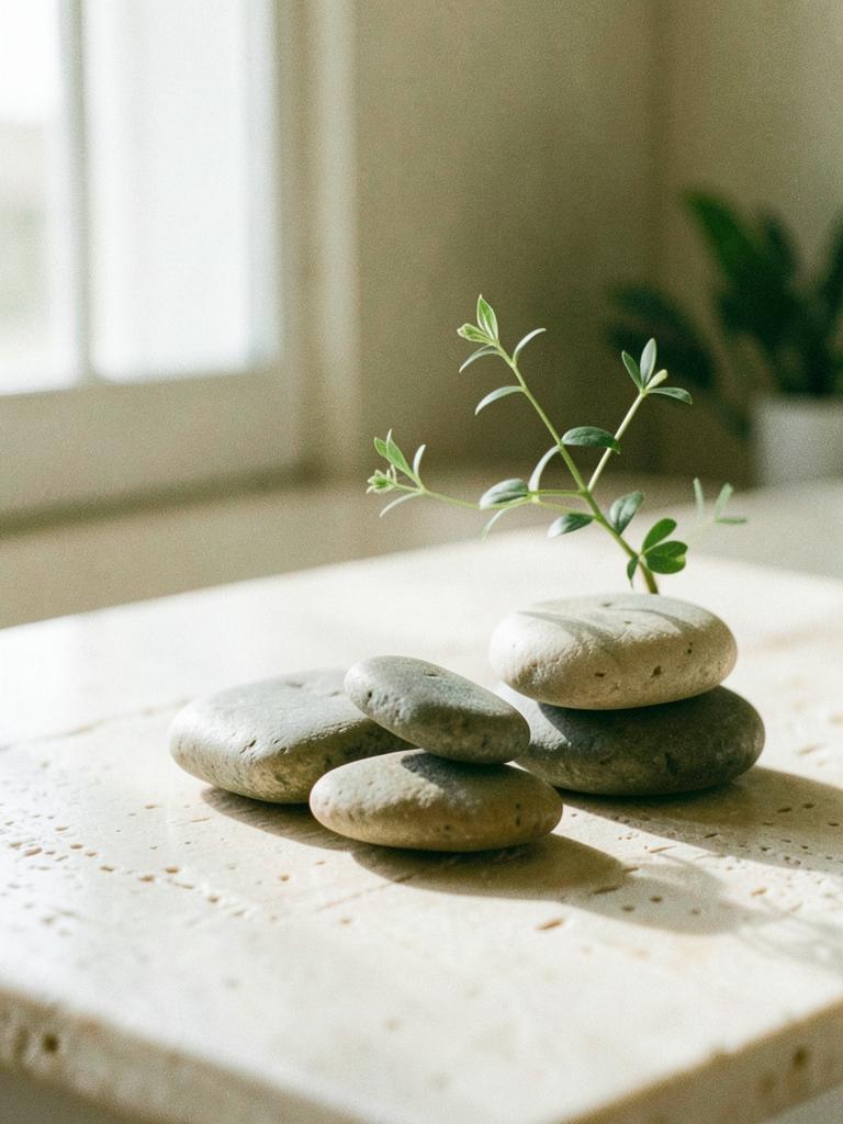 Pedras naturais equilibradas ao lado de uma pequena planta