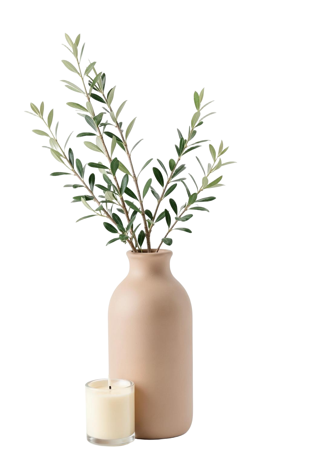 Vaso de cerâmica com ramos naturais e vela